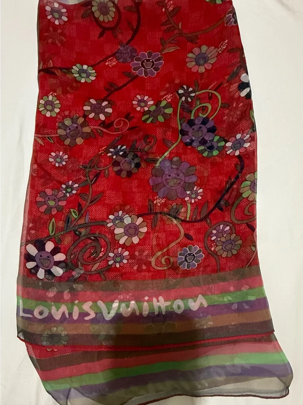 Louis Vuitton Takashi Murakami Red Silk Scarf with Laughing Flowers